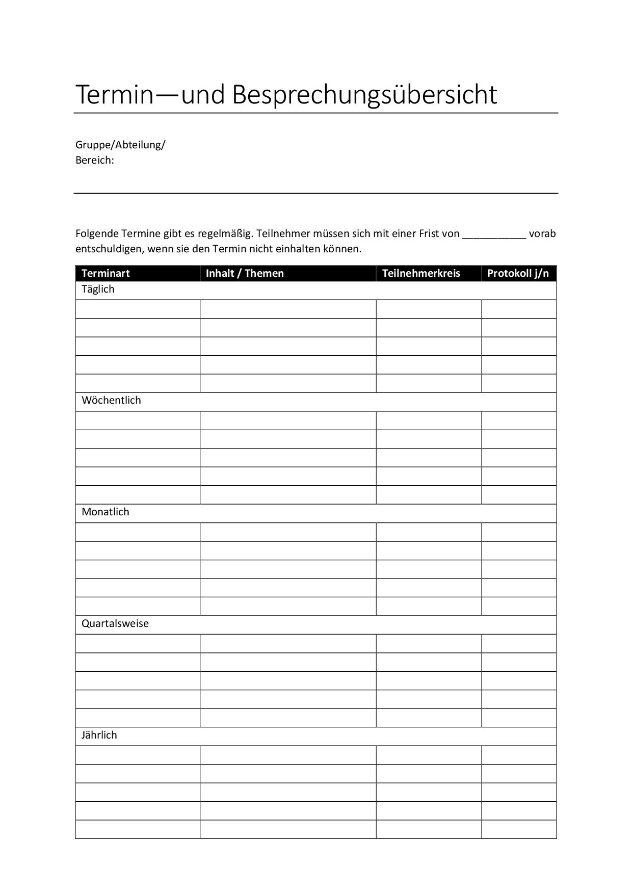 Liste der Standard-Termine